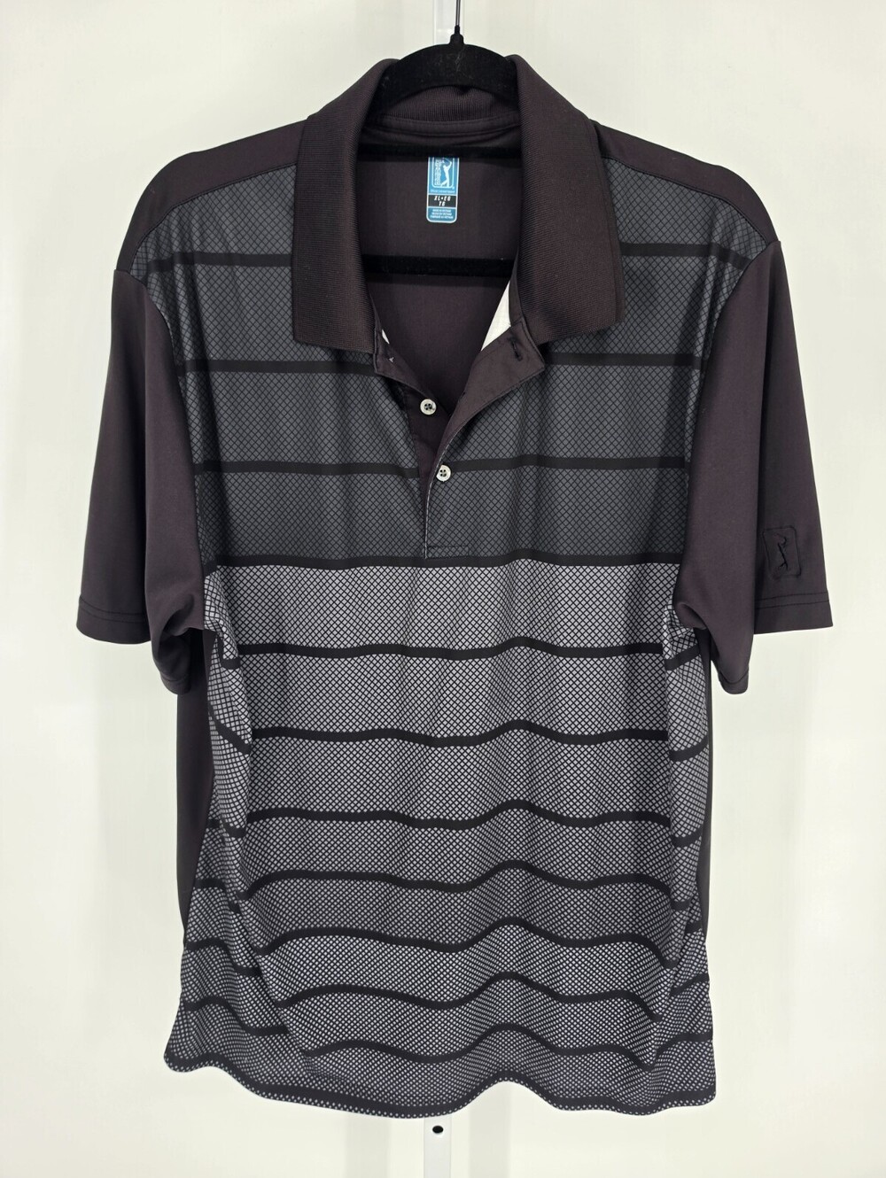 PGA Tour Mens Sz XL Short Sleeve Performance Golf Polo Shirt Black Gray Striped
